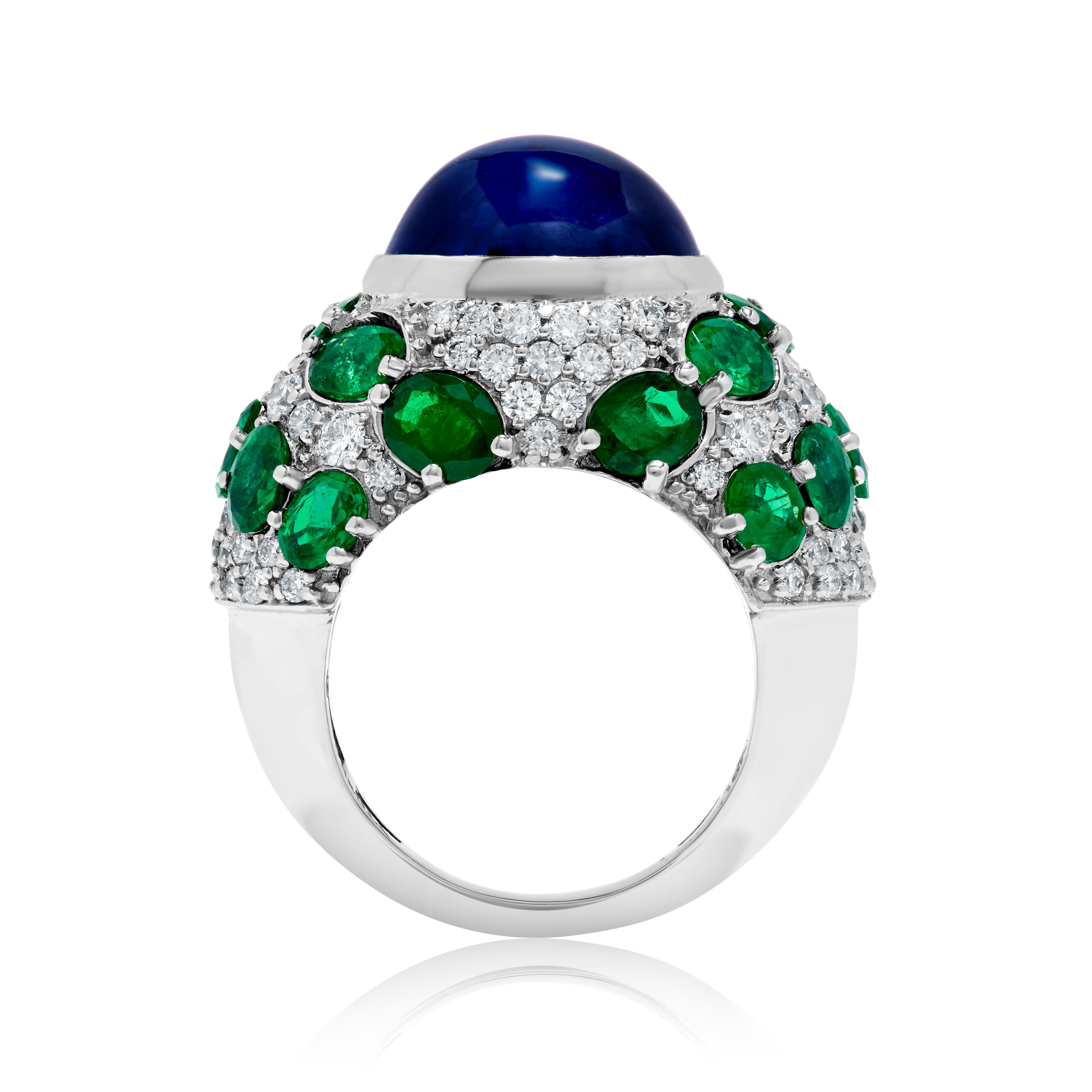 Contemporary Andreoli Blue Sapphire Cabochon Ceylon Cert Emerald Diamond 18K White Gold Ring For Sale