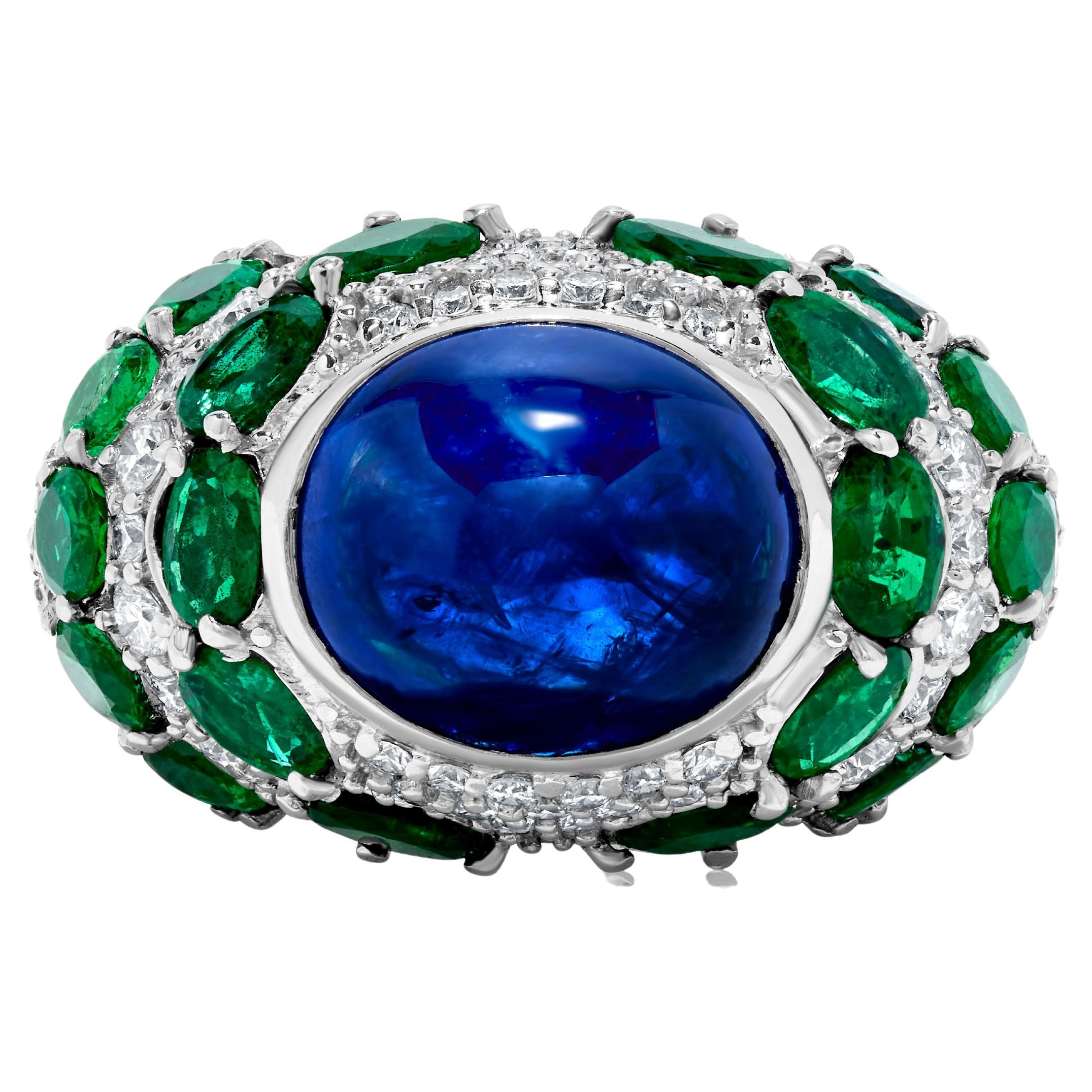 Andreoli Blue Sapphire Cabochon Ceylon Cert Emerald Diamond 18K White Gold Ring