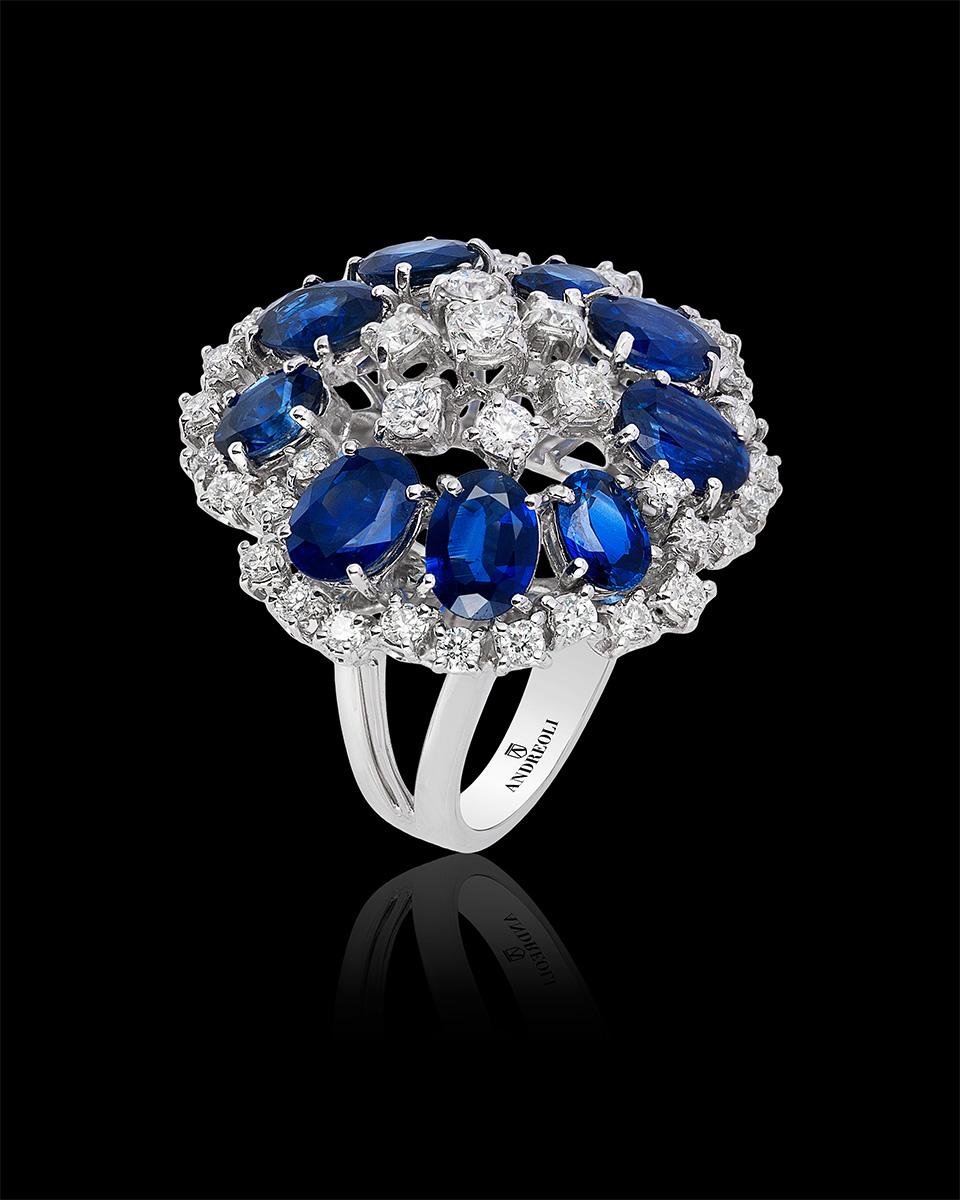 Oval Cut Andreoli Blue Sapphire Diamond 18 Karat White Gold Cocktail Ring For Sale