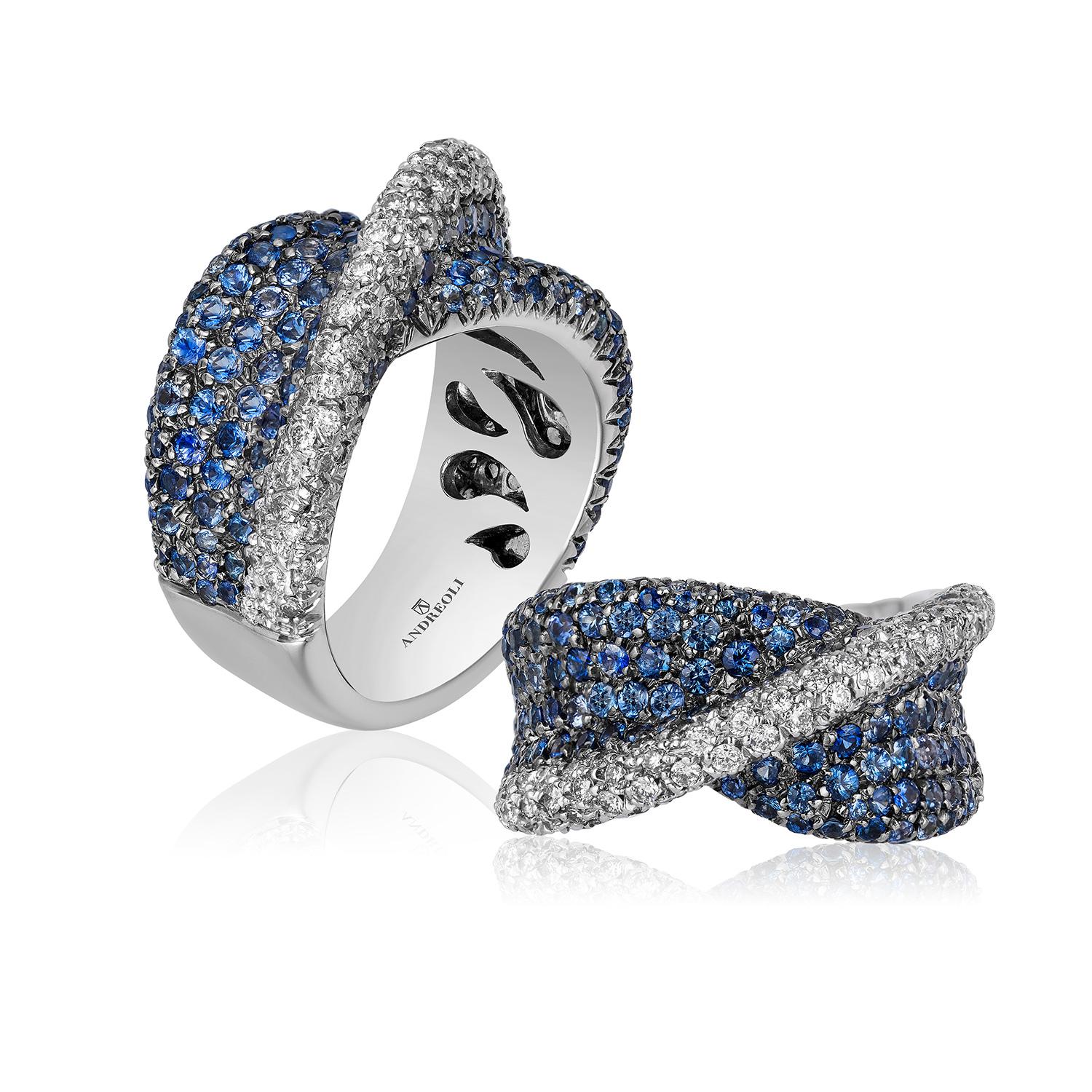 Contemporary Andreoli Blue Sapphire Diamond 18 Karat White Gold Cocktail Ring For Sale