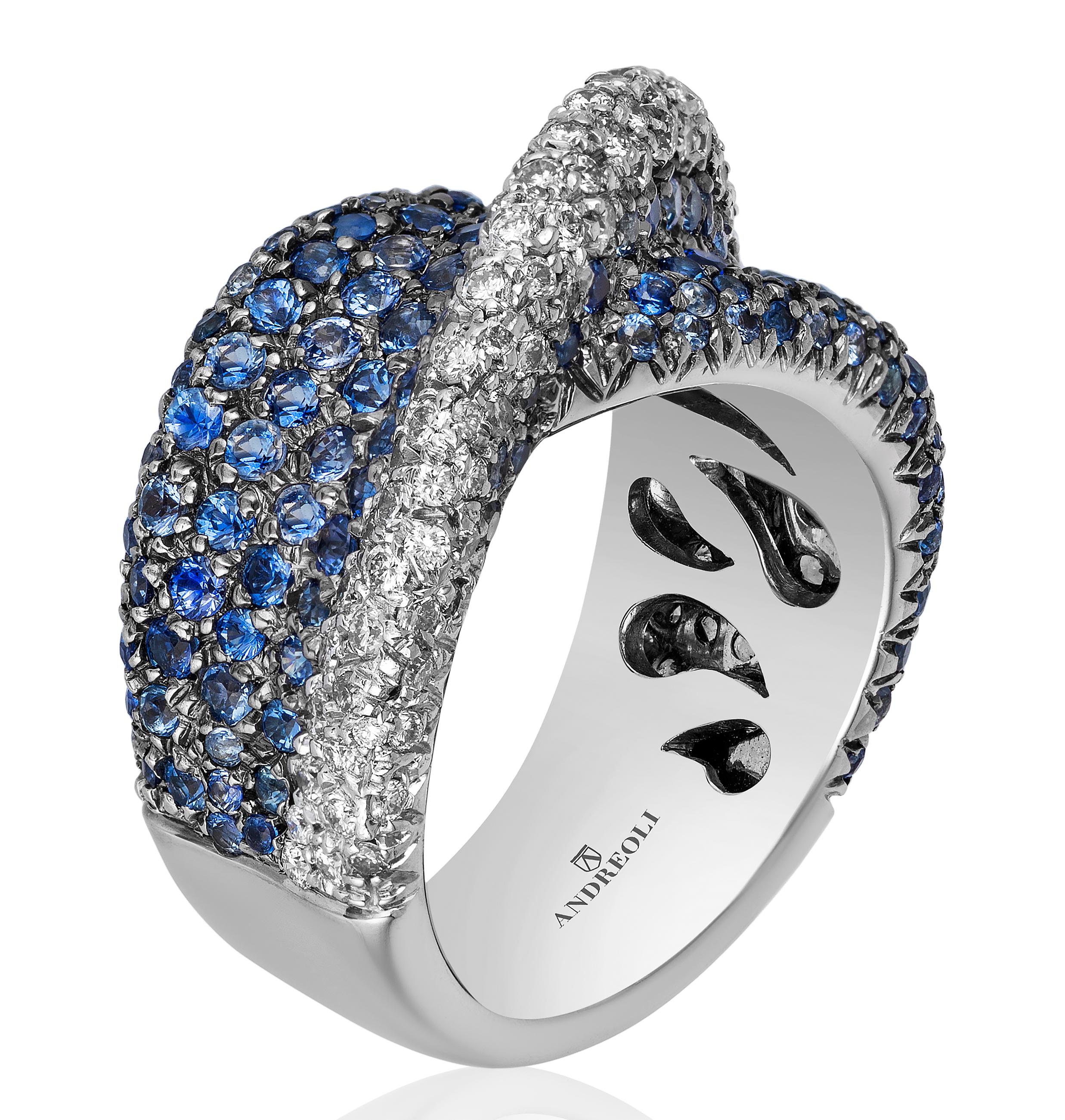 Round Cut Andreoli Blue Sapphire Diamond 18 Karat White Gold Cocktail Ring For Sale