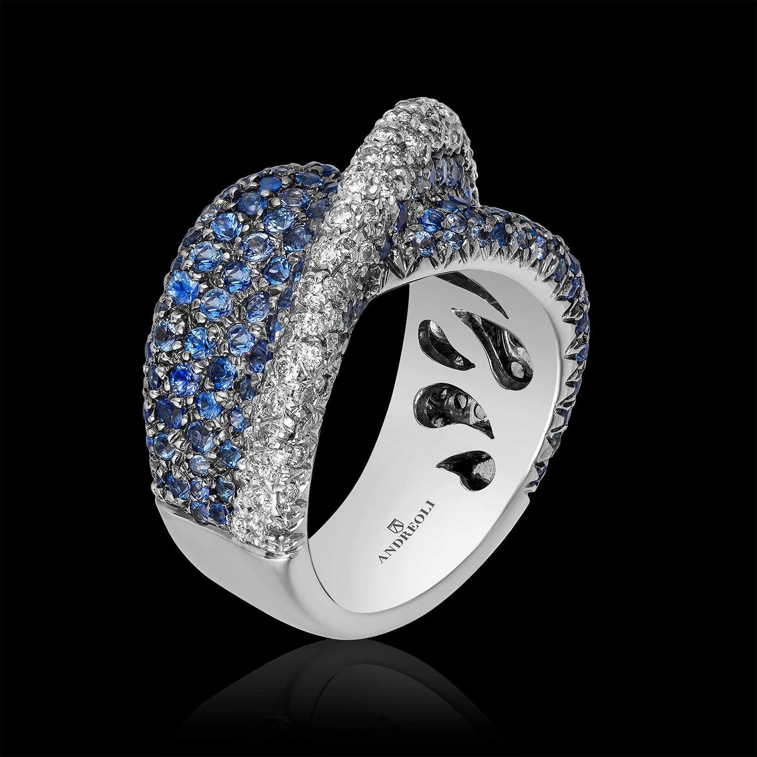 Women's or Men's Andreoli Blue Sapphire Diamond 18 Karat White Gold Cocktail Ring For Sale