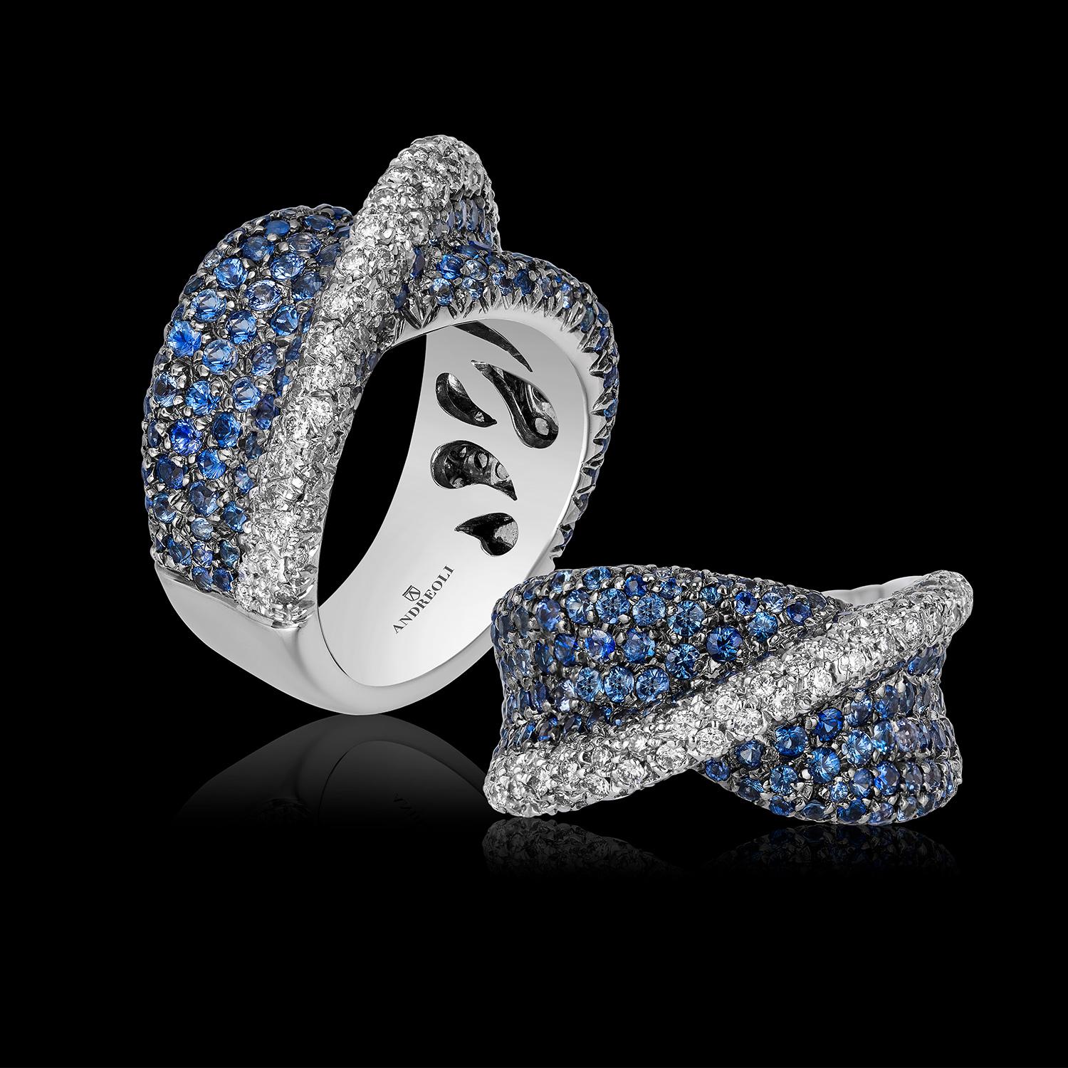 Andreoli Blue Sapphire Diamond 18 Karat White Gold Cocktail Ring For Sale 1