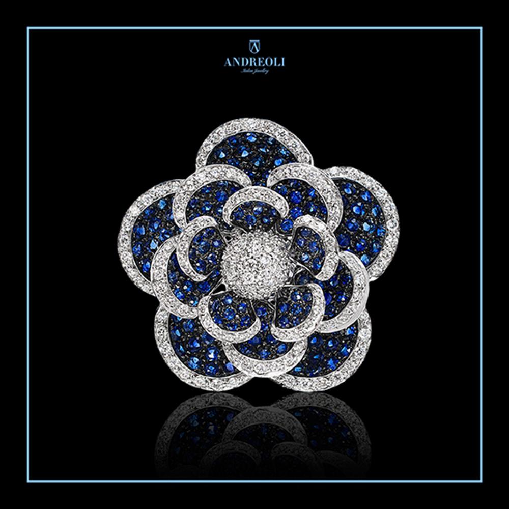 Andreoli Blue Sapphire Diamond Moving Petals Flower Ring 18 Karat White Gold In New Condition For Sale In New York, NY