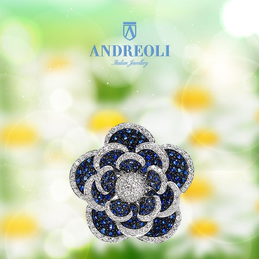 Women's or Men's Andreoli Blue Sapphire Diamond Moving Petals Flower Ring 18 Karat White Gold For Sale