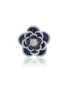 Andreoli Blue Sapphire Diamond Moving Petals Flower Ring 18 Karat White Gold
