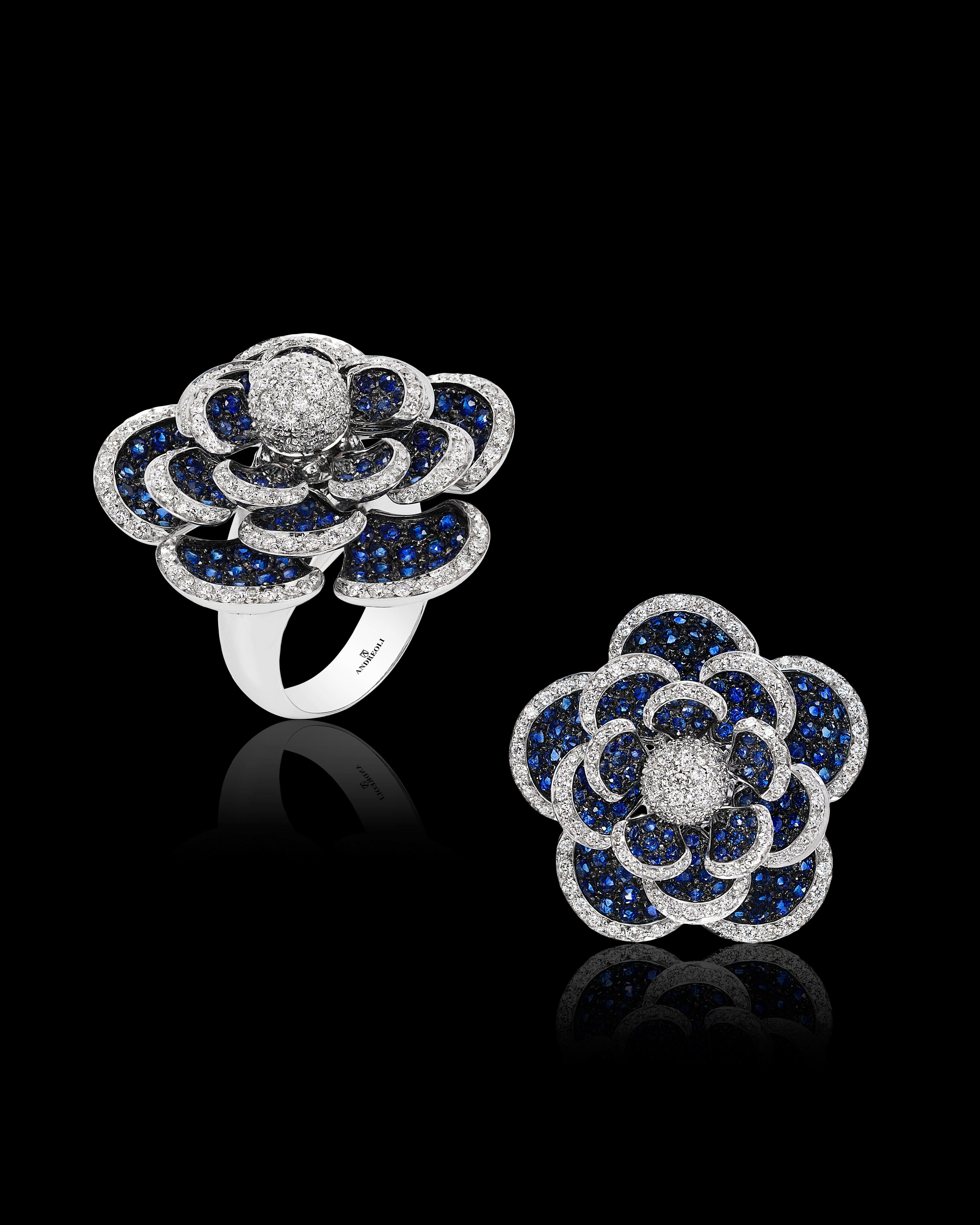 Contemporary Andreoli Blue Sapphire Diamond Moving Petals Flower Ring 18 Karat White Gold For Sale