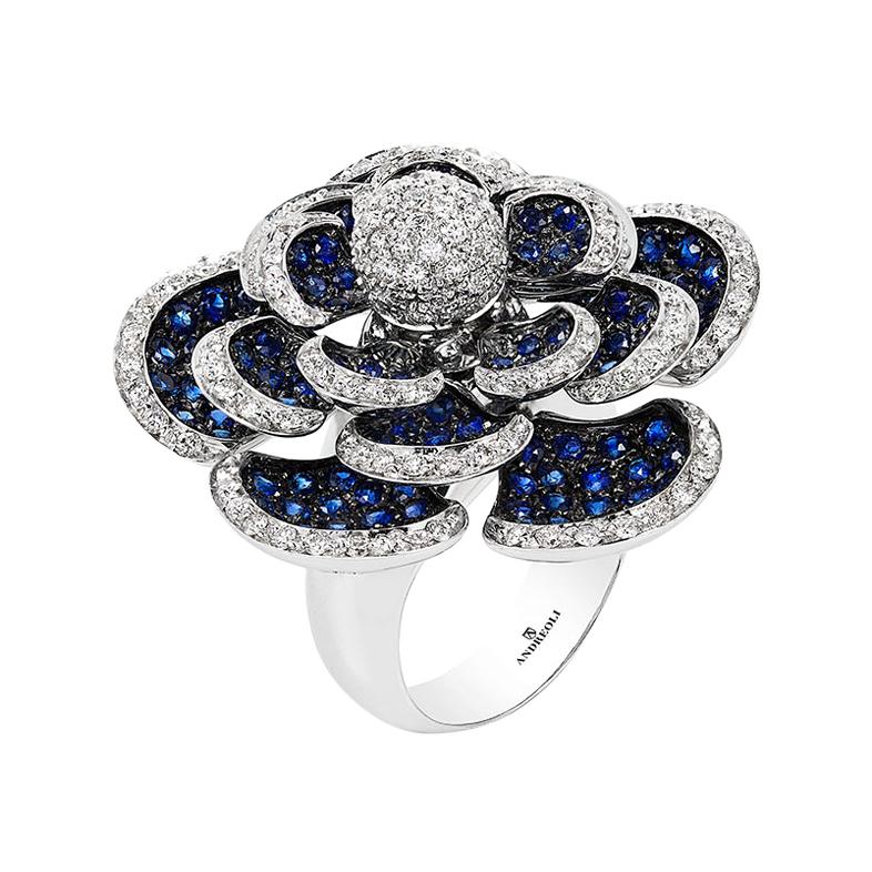 Andreoli Blue Sapphire Diamond Moving Petals Flower Ring 18 Karat White Gold For Sale