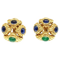 Andreoli Blue Sapphire Emerald Cabochon 18 Karat Yellow Gold Earrings