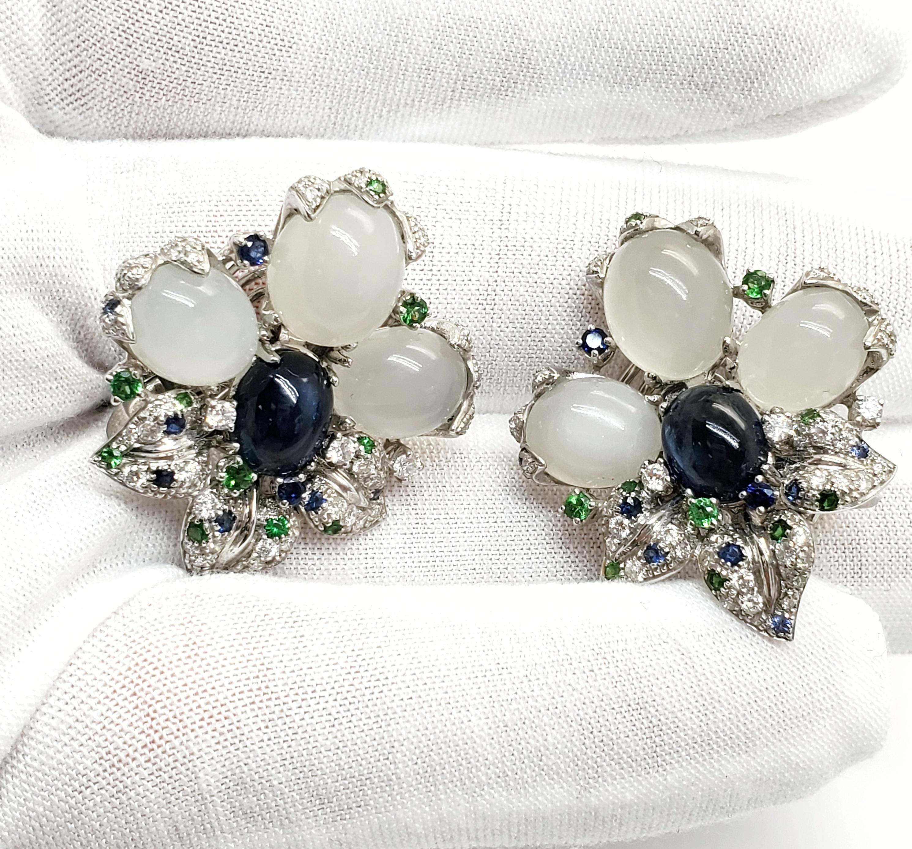 Contemporary Andreoli Blue Sapphire Moonstone Cabochon Diamond Tsavorite Flower Earrings For Sale
