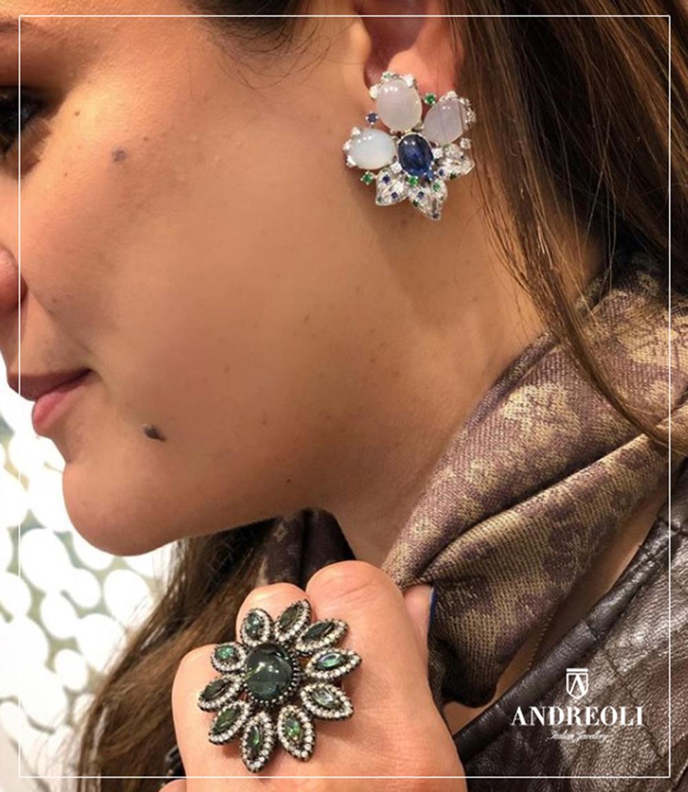 Andreoli Blue Sapphire Moonstone Cabochon Diamond Tsavorite Flower Earrings In New Condition For Sale In New York, NY