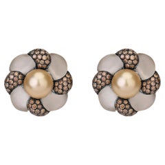 Boucles d'oreilles Andreoli en or jaune 18 carats avec diamants bruns et perles de cristal