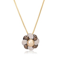 Andreoli Brown Diamond Rock Crystal Pearl 18 Karat Yellow Gold Pendant Necklace