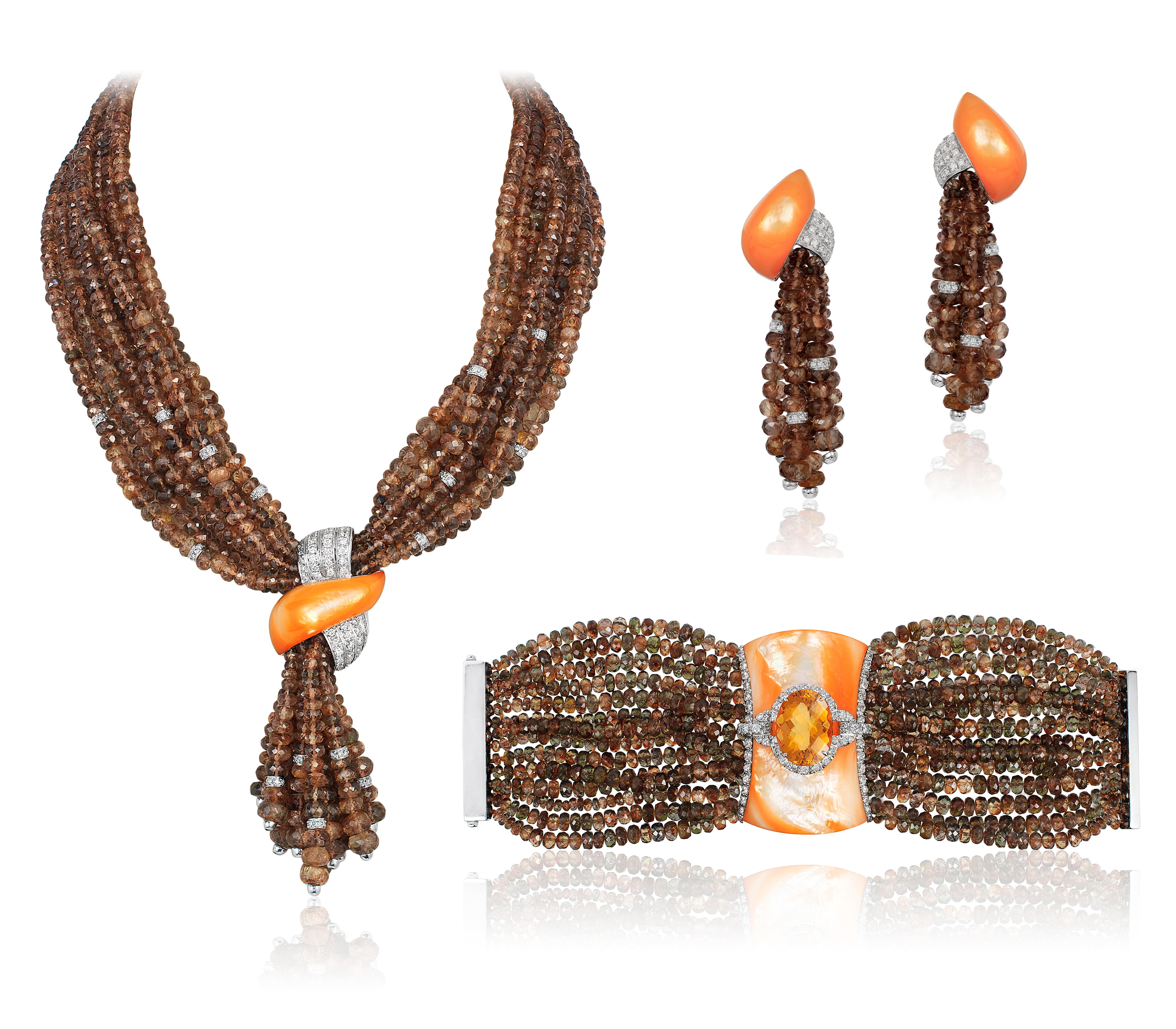 Mixed Cut Andreoli Brown Garnet Orange Mother of Pearl Citrine Diamond Bracelet 18K Gold For Sale