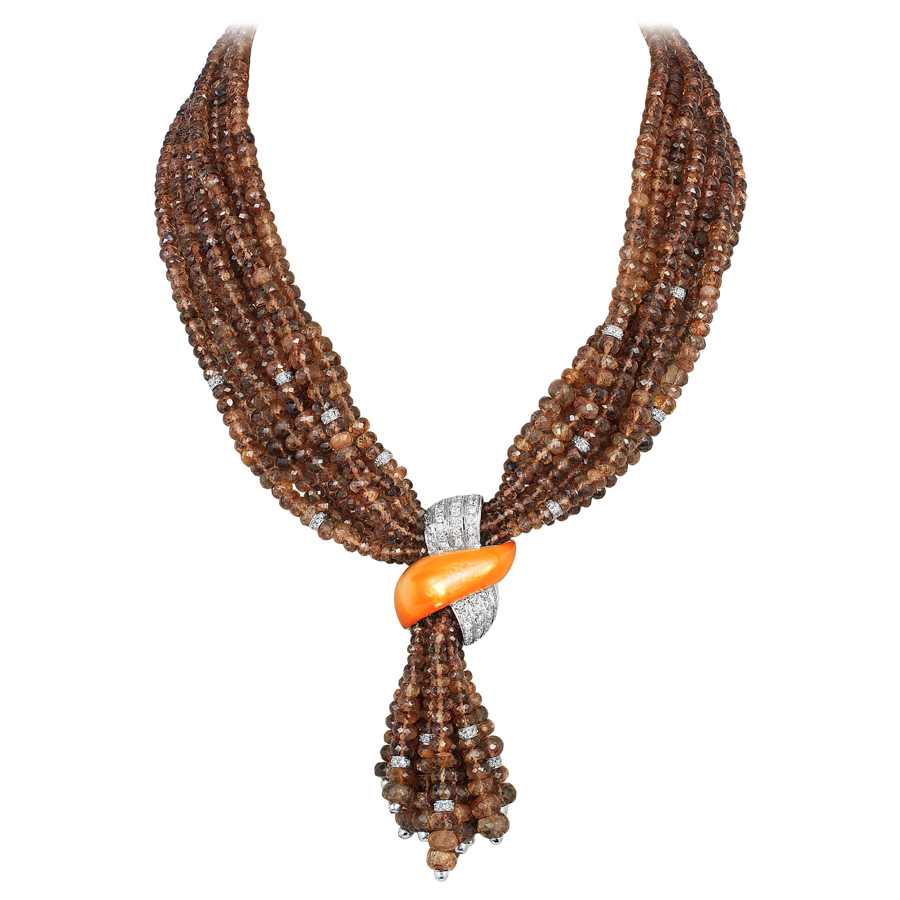Andreoli Brown Garnet Orange Mother of Pearl Diamond Necklace 18 Karat Gold For Sale
