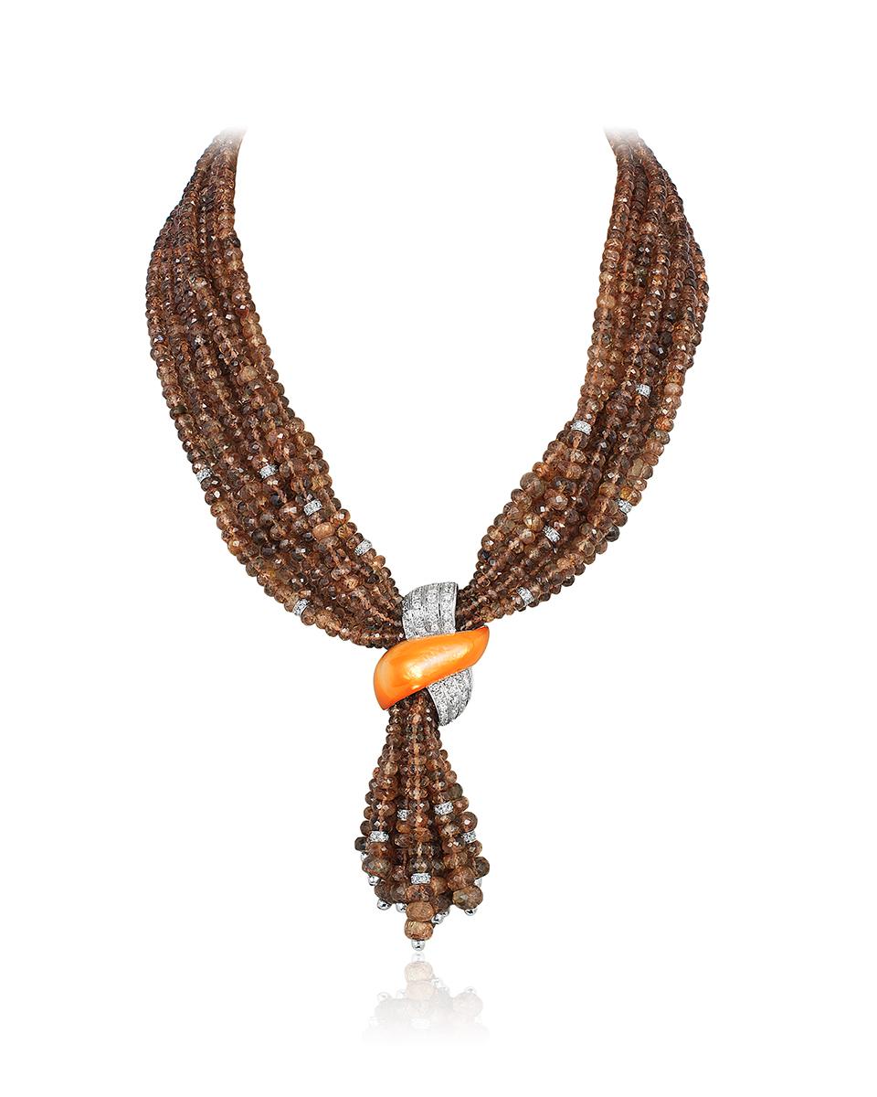 Andreoli Brown Garnet Orange Mother of Pearl Diamond Necklace 18K Gold. This necklace features brown garnet beads with orange mother of pearl and 2.27 carats of round brilliant cut diamonds. Set in 35.64 grams of 18 Karat White Gold. Handcrafted and