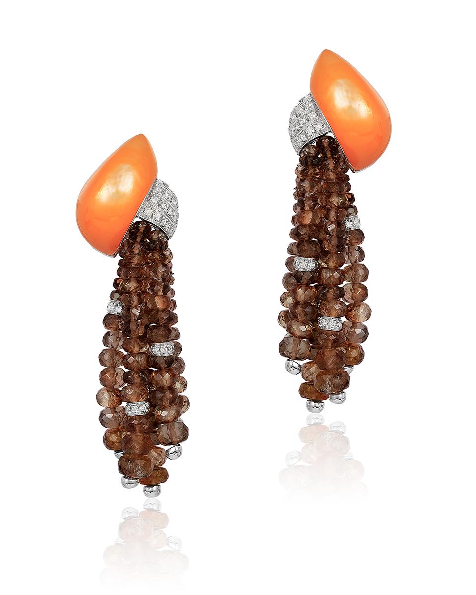 Andreoli Brown Garnet Orange Mother of Pearl Diamond Tassel Earrings 18K Gold. These earrings features brown garnet beads tassel with 4.50 grams of orange mother of pearl and 1.14 carats of round brilliant cut diamonds. Set in 18.57 grams of 18