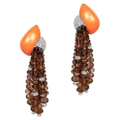 Andreoli Brown Grenat Orange Nacre Diamant Boucles d'oreilles Tassel Or 18K