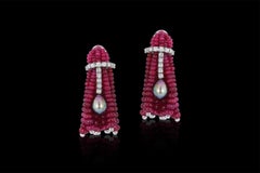 Andreoli Burma Burmese Ruby Cabochon Bead Tahitian Pearl Diamond Tassel Earrings