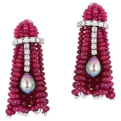 Andreoli Burma Burmese Ruby Cabochon Bead Tahitian Pearl Diamond Tassel Earrings