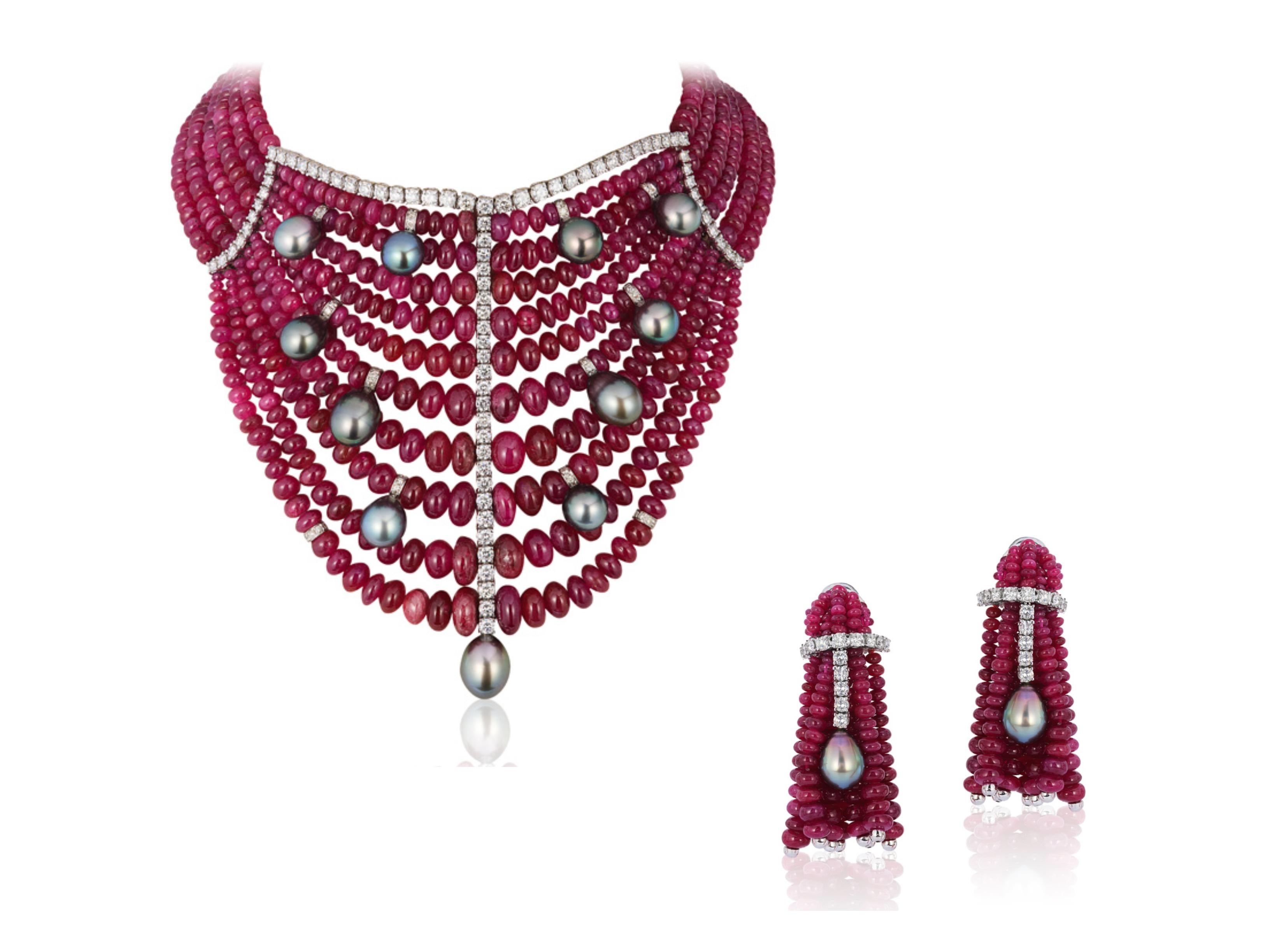 Round Cut Andreoli Burma Ruby Cabochon Bead Tahitian Pearl Bib Necklace Diamond 18 Karat