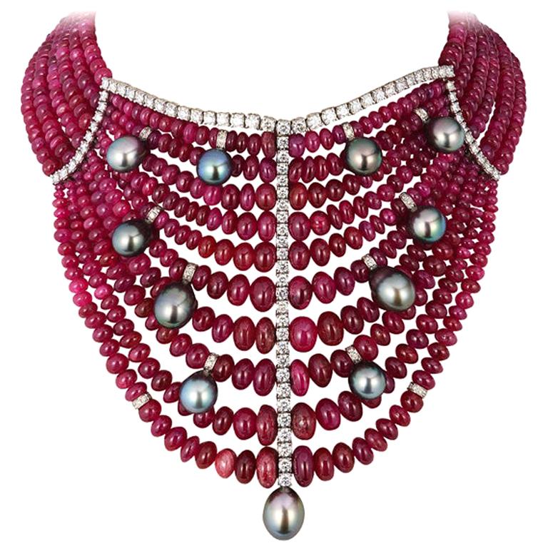 Andreoli Burma Ruby Cabochon Bead Tahitian Pearl Bib Necklace Diamond 18 Karat