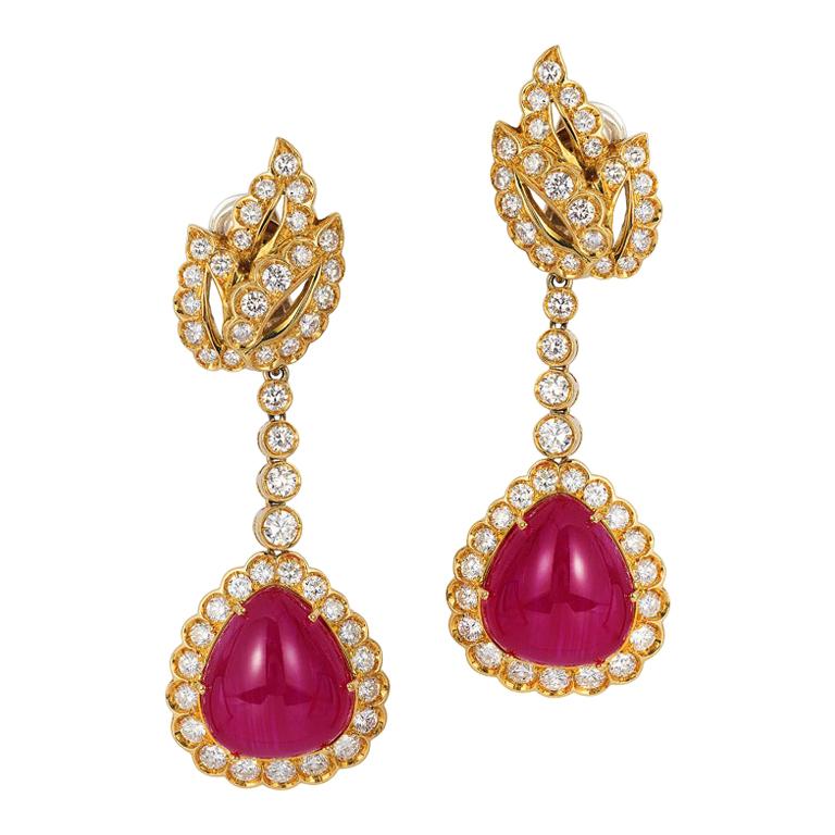 Andreoli Burma Ruby Cabochon CDC Certified Diamond Earrings 18 Karat Gold
