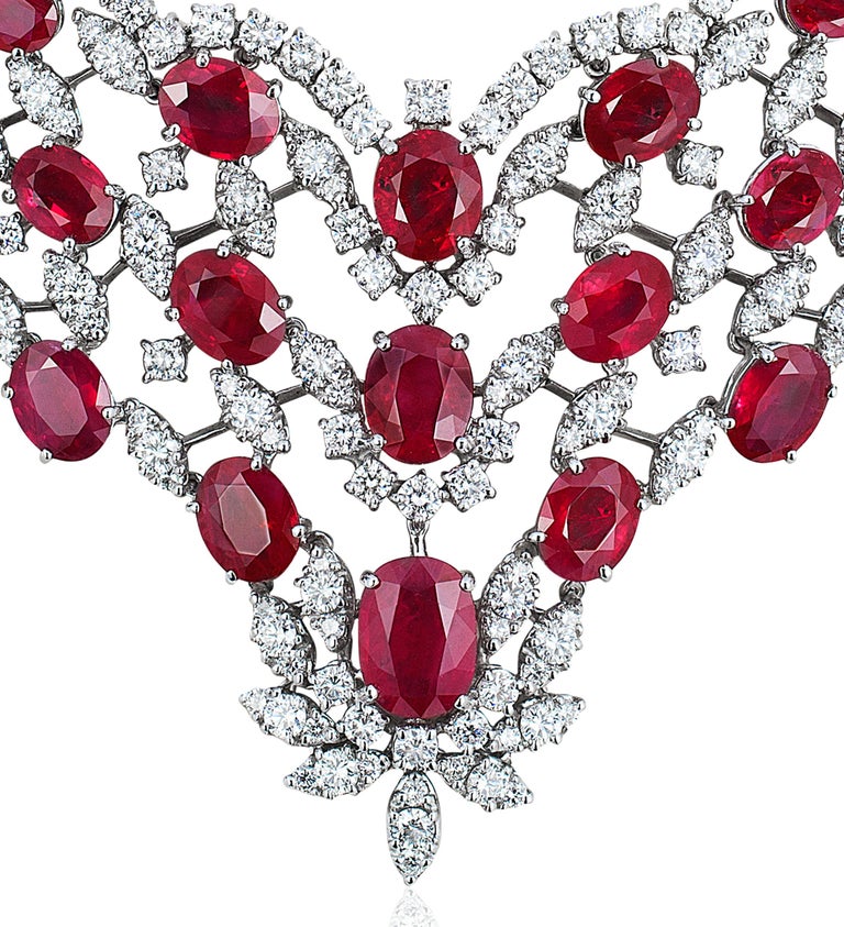 Contemporary Andreoli Burma Ruby CDC Certified Diamond Statement Necklace 18 Karat White Gold For Sale