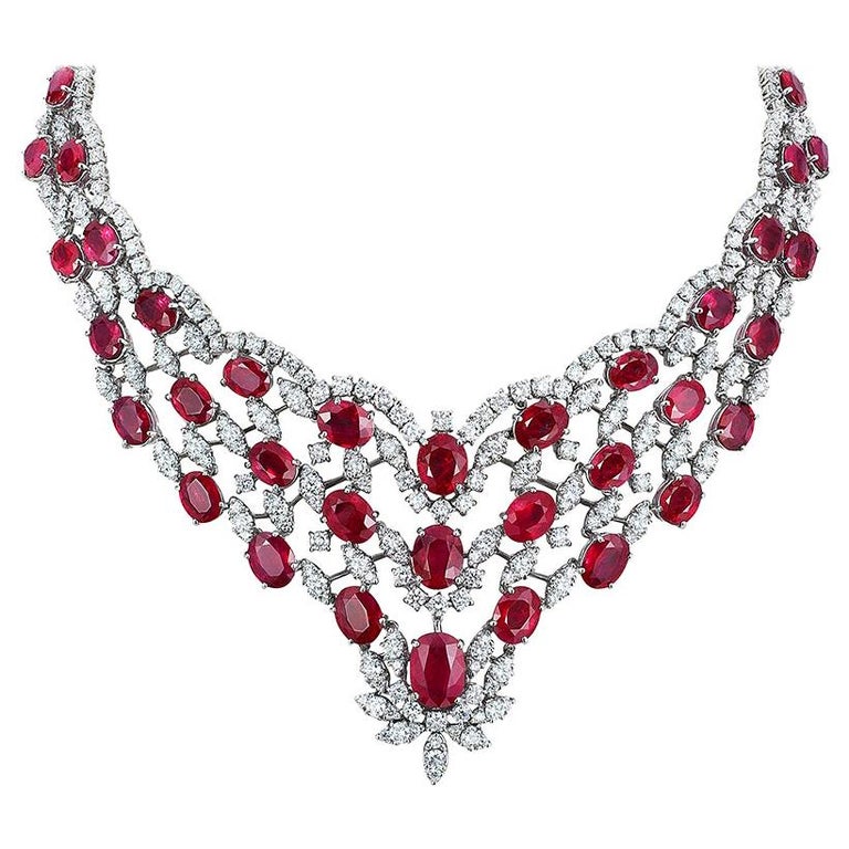 Andreoli Burma Ruby CDC Certified Diamond Statement Necklace 18 Karat White Gold For Sale