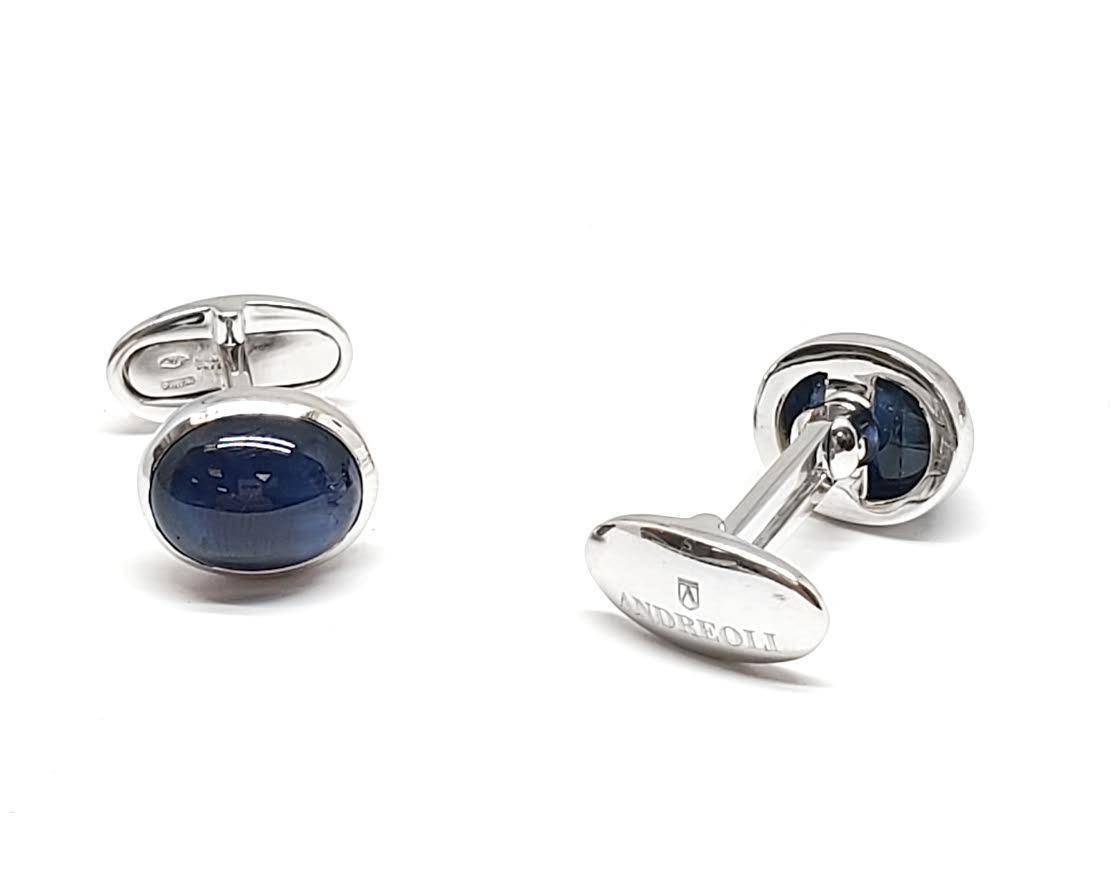 Contemporary Andreoli Cabochon Blue Sapphire 18 Karat White Gold Cufflinks For Sale