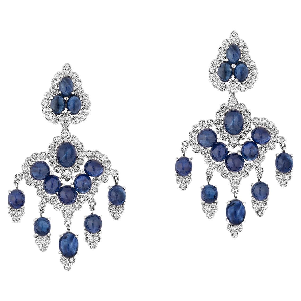Andreoli Cabochon Blue Sapphire Diamond 18 Karat White Gold Earrings For Sale