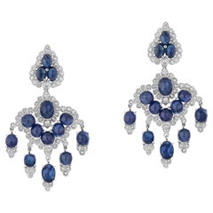 Andreoli Cabochon Blue Sapphire Diamond 18 Karat White Gold Earrings