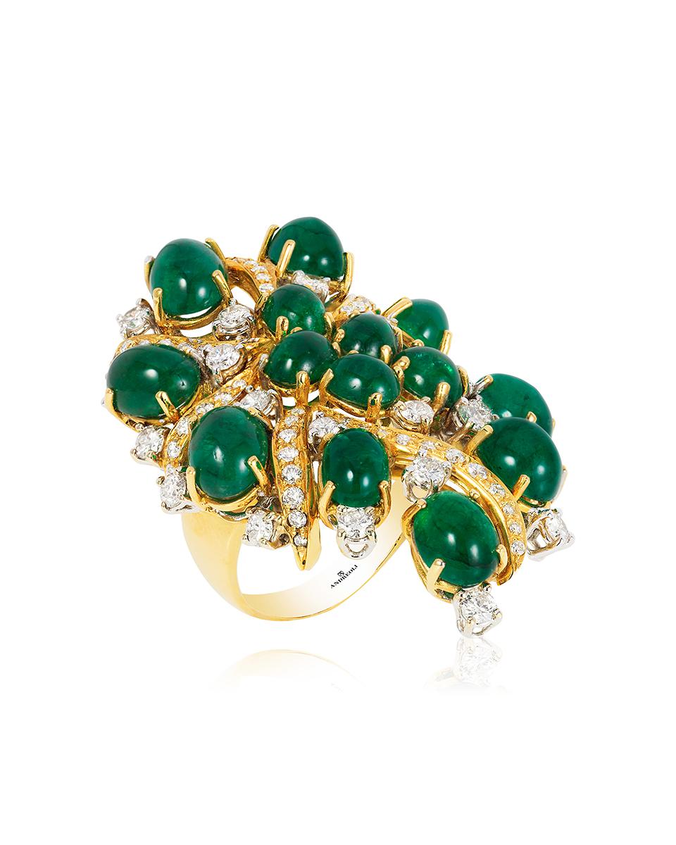 Contemporary Andreoli Cabochon Emerald Diamond 18 Karat Two-Tone Gold Ring For Sale