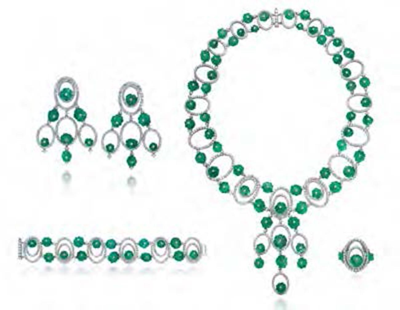 Andreoli Carved Colombian Emerald Diamond Sphere Bracelet 18 Karat White Gold In New Condition For Sale In New York, NY
