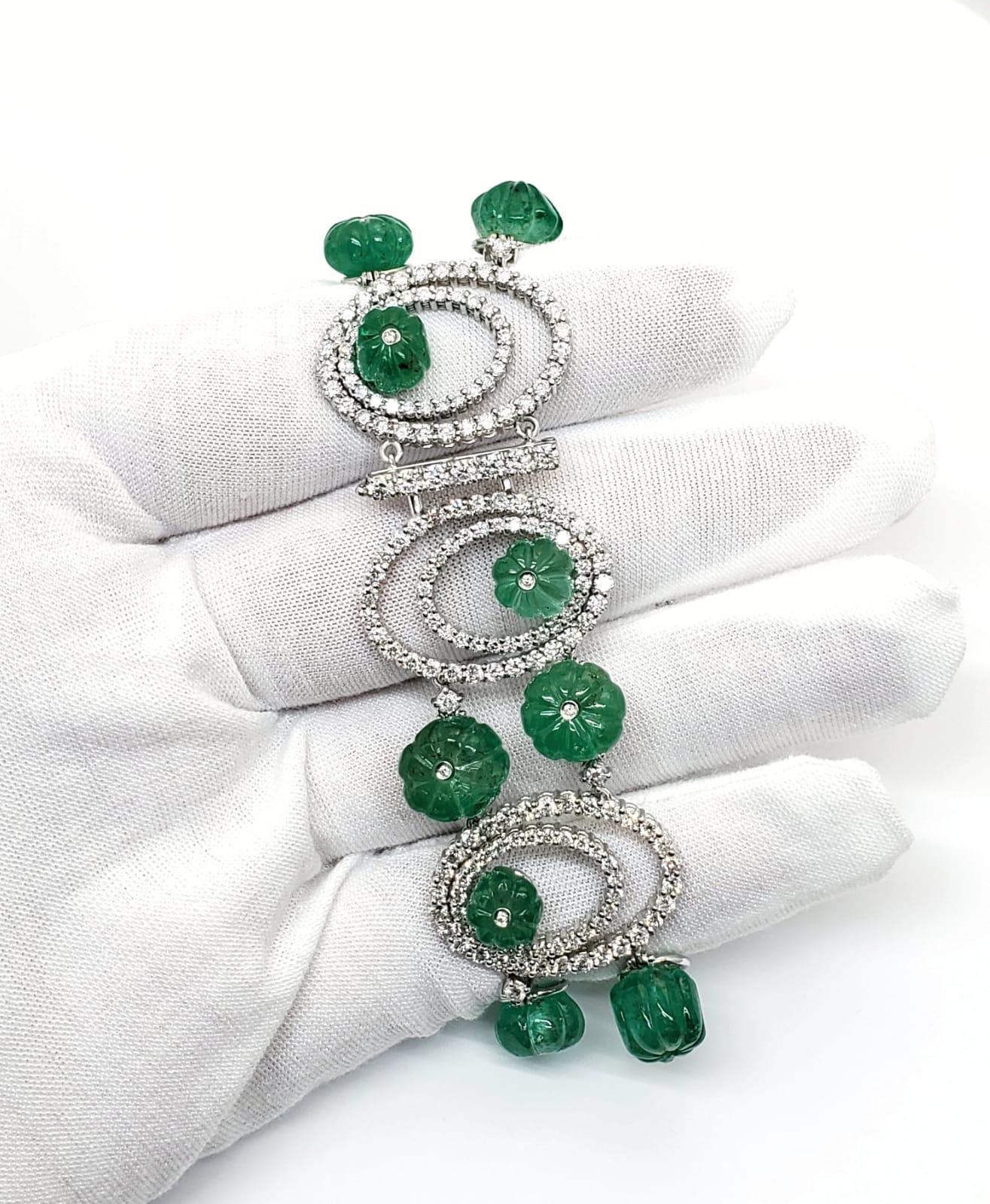 Bead Andreoli Carved Colombian Emerald Diamond Sphere Bracelet 18 Karat White Gold For Sale