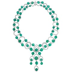 Andreoli Carved Colombian Emerald Melon Diamond Necklace Sphere Drop 18Kt Gold