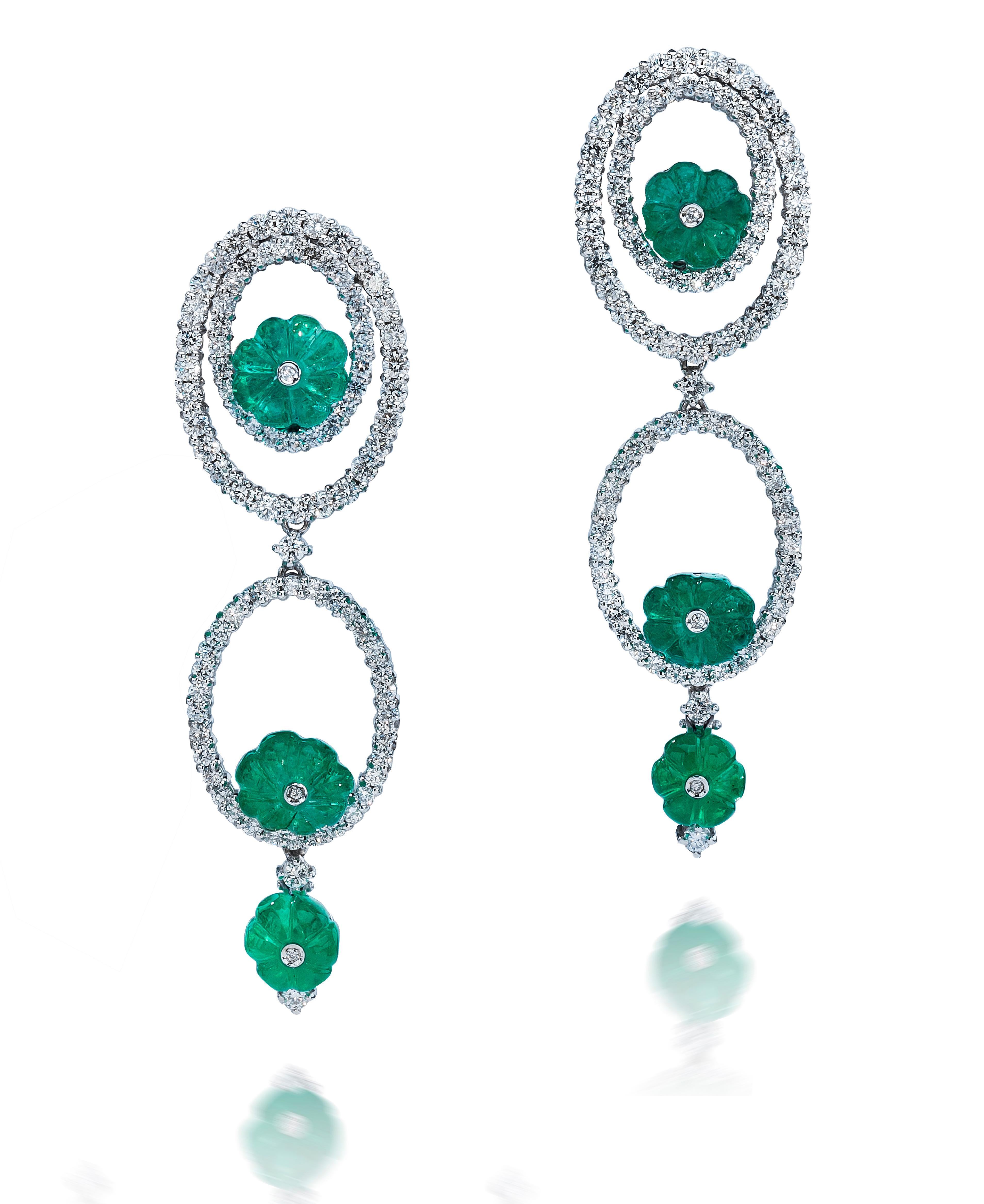 Mixed Cut Andreoli Carved Emerald Diamond 18 Karat White Gold Earrings For Sale