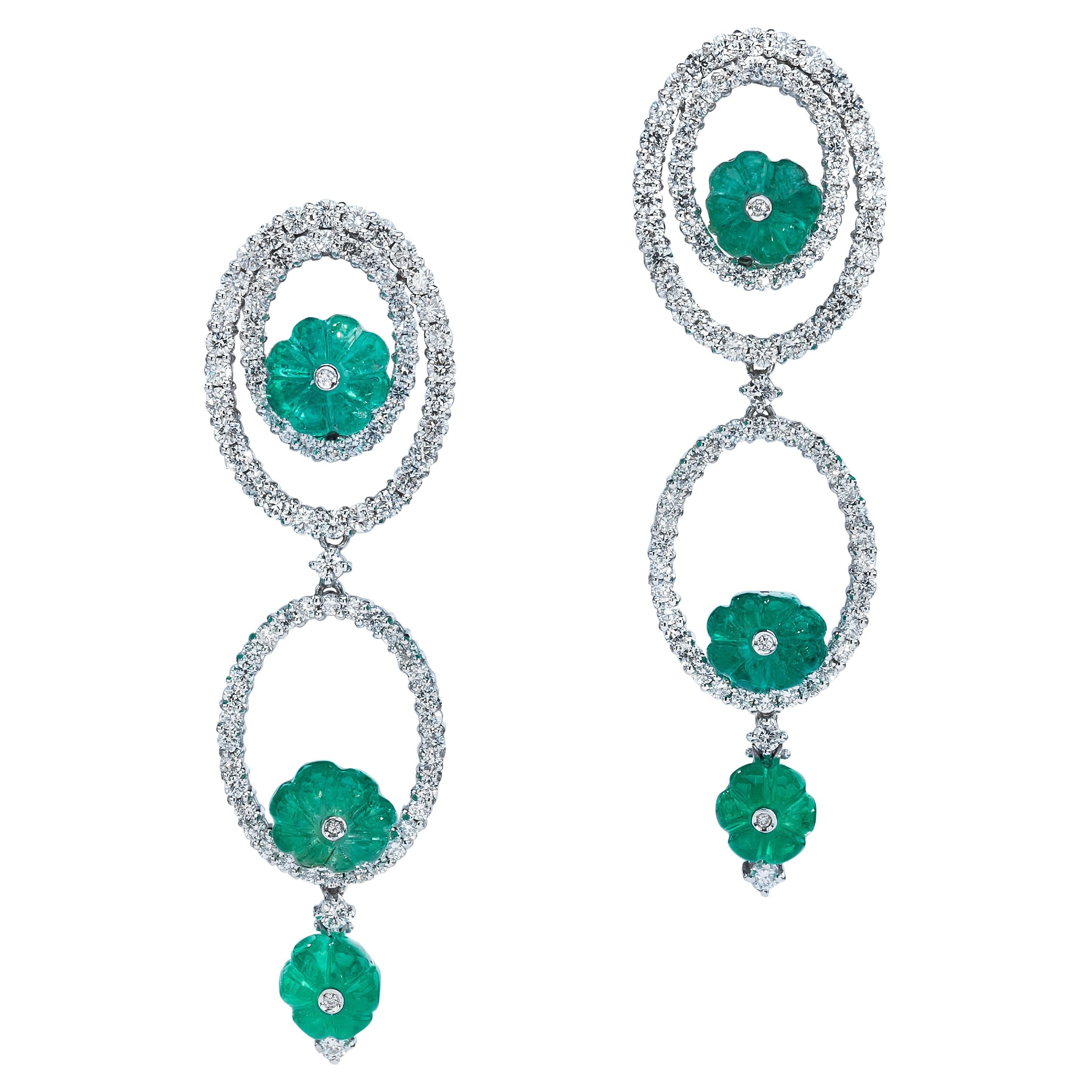 Andreoli Carved Emerald Diamond 18 Karat White Gold Earrings For Sale