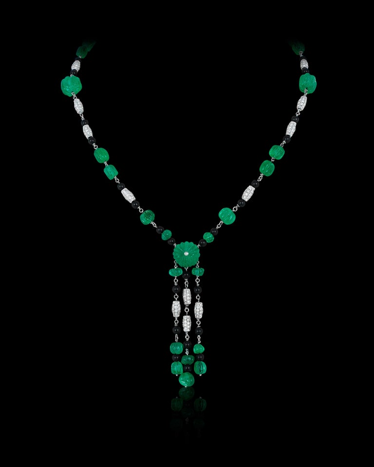 Andreoli Carved Emerald Onyx Diamond Necklace 18 Karat White Gold For ...