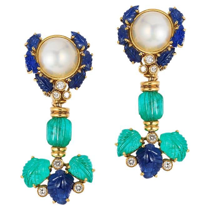 Andreoli Carved Emerald Sapphire Pearl Diamond 18 Karat Yellow Gold Earrings For Sale