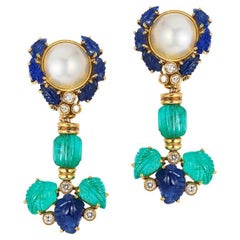 Andreoli Carved Emerald Sapphire Pearl Diamond 18 Karat Yellow Gold Earrings