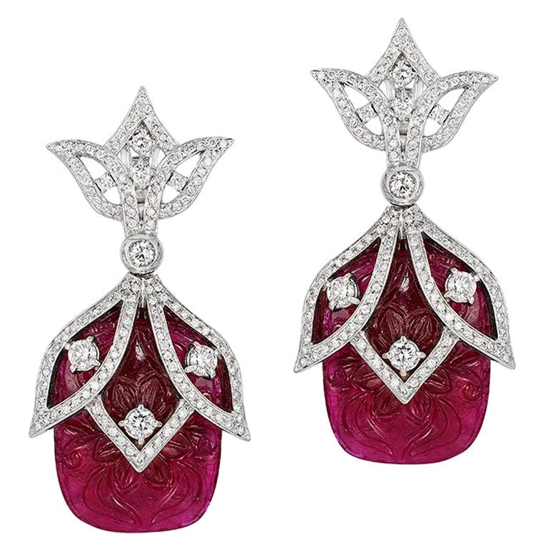 Andreoli Carved Ruby Diamond Statement Drop Earrings 18 Karat White ...