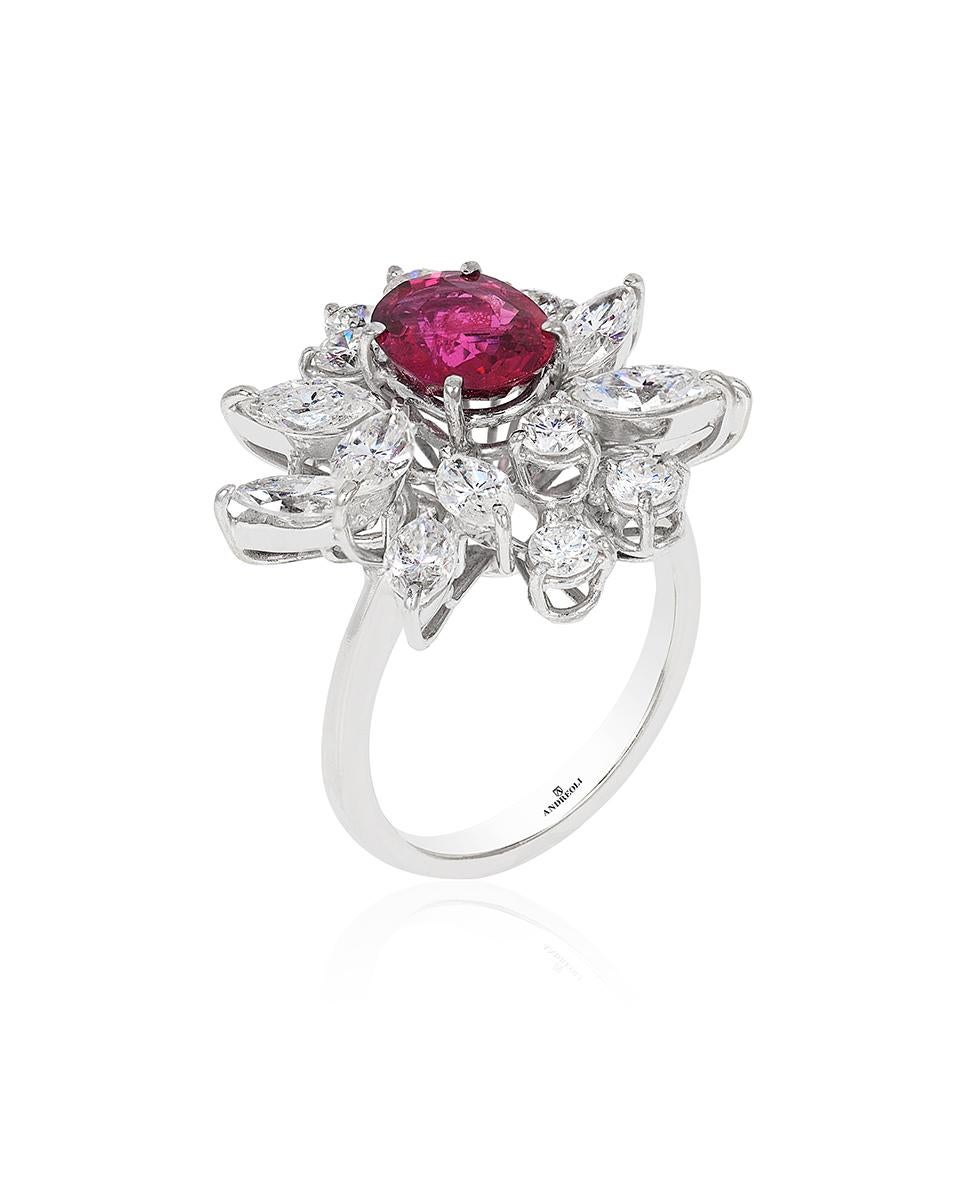 Andreoli CDC Certified 1.70 Carat Thailand Siam Ruby Diamond Cocktail Ring. This ring features a CDC Certified Intense Red Thailand Siam 1.70 carat Oval Ruby. Surrounded by full brillian ideal cut F-G-H Color, VS-SI Clarity diamonds weighing 2.70