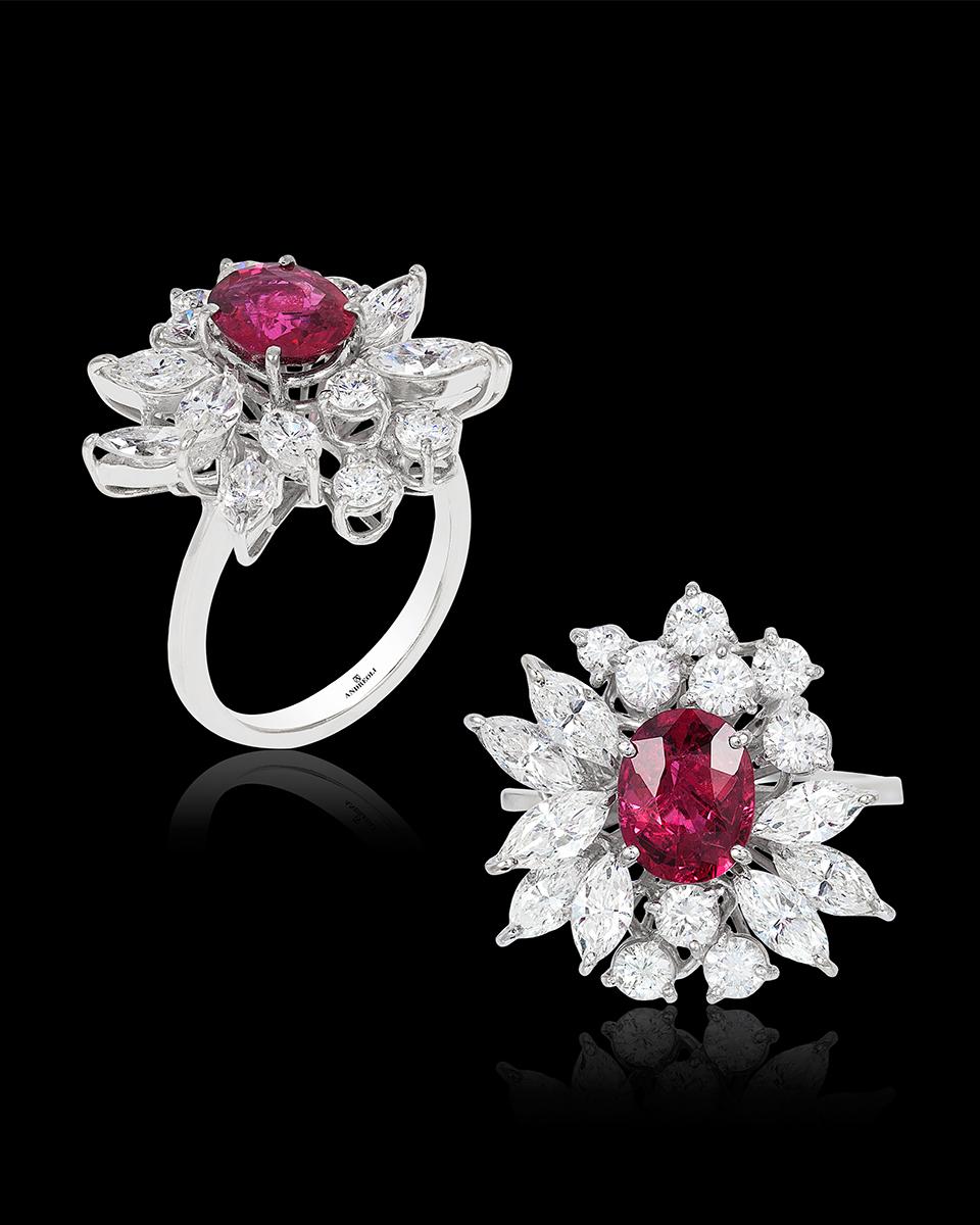 Contemporary Andreoli CDC Certified 1.70 Carat Thailand Siam Oval Ruby Diamond Cocktail Ring For Sale