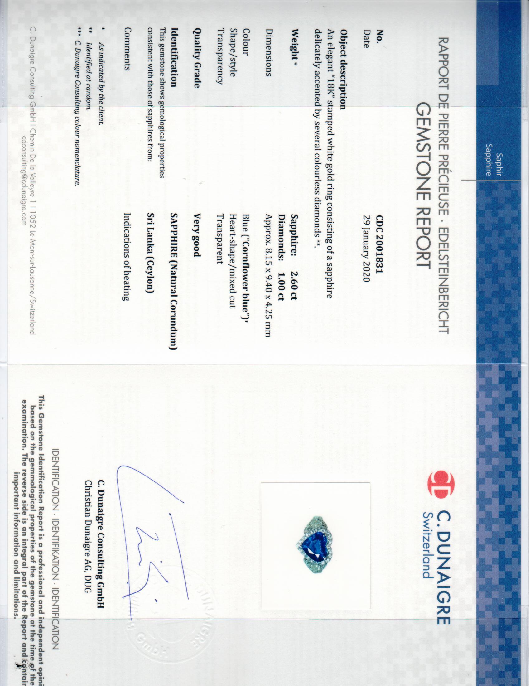 Heart Cut Andreoli CDC Certified 2.60 Carat Ceylon Blue Sapphire Diamond Heart Shape Ring For Sale