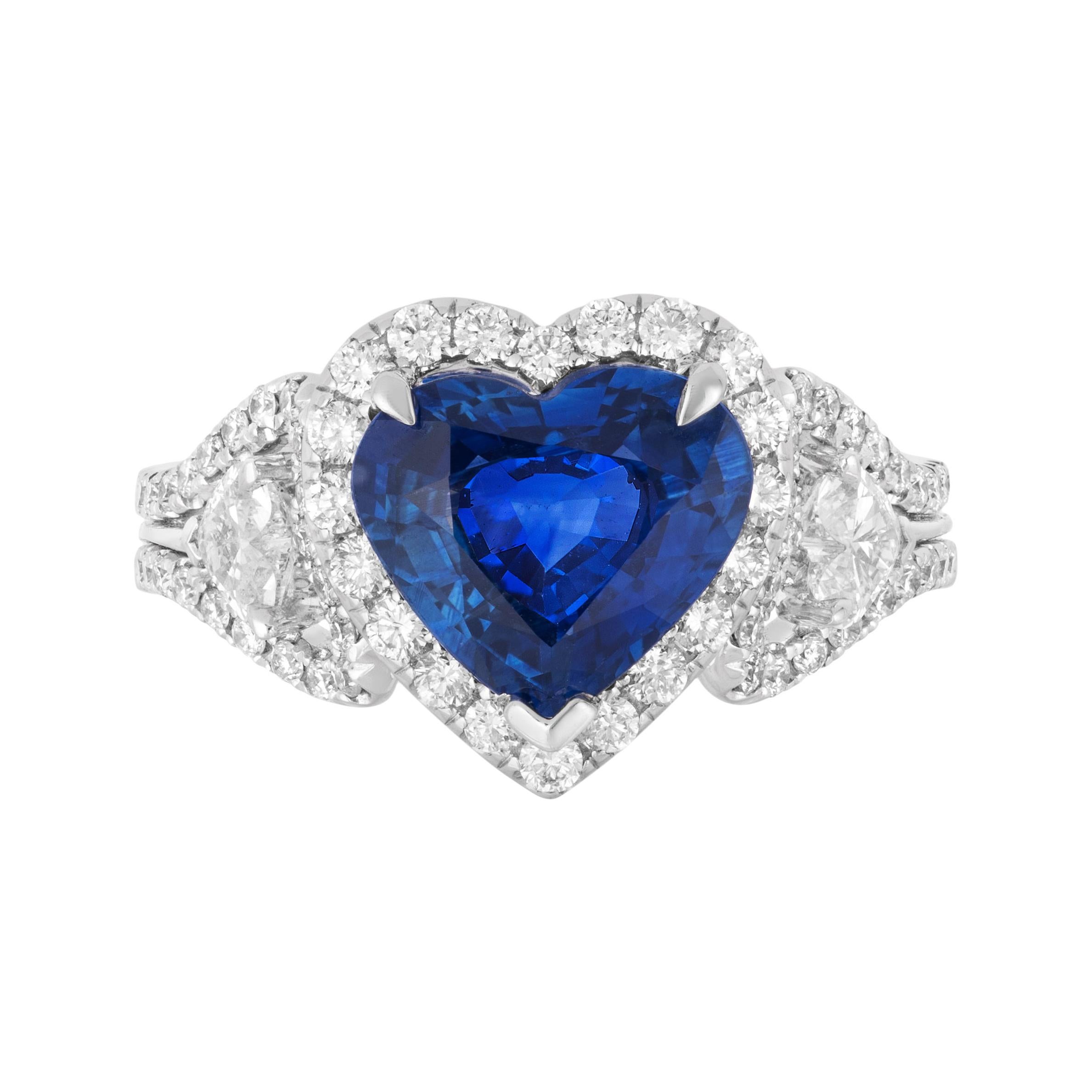 Andreoli CDC Certified 2.60 Carat Ceylon Blue Sapphire Diamond Heart Shape Ring For Sale