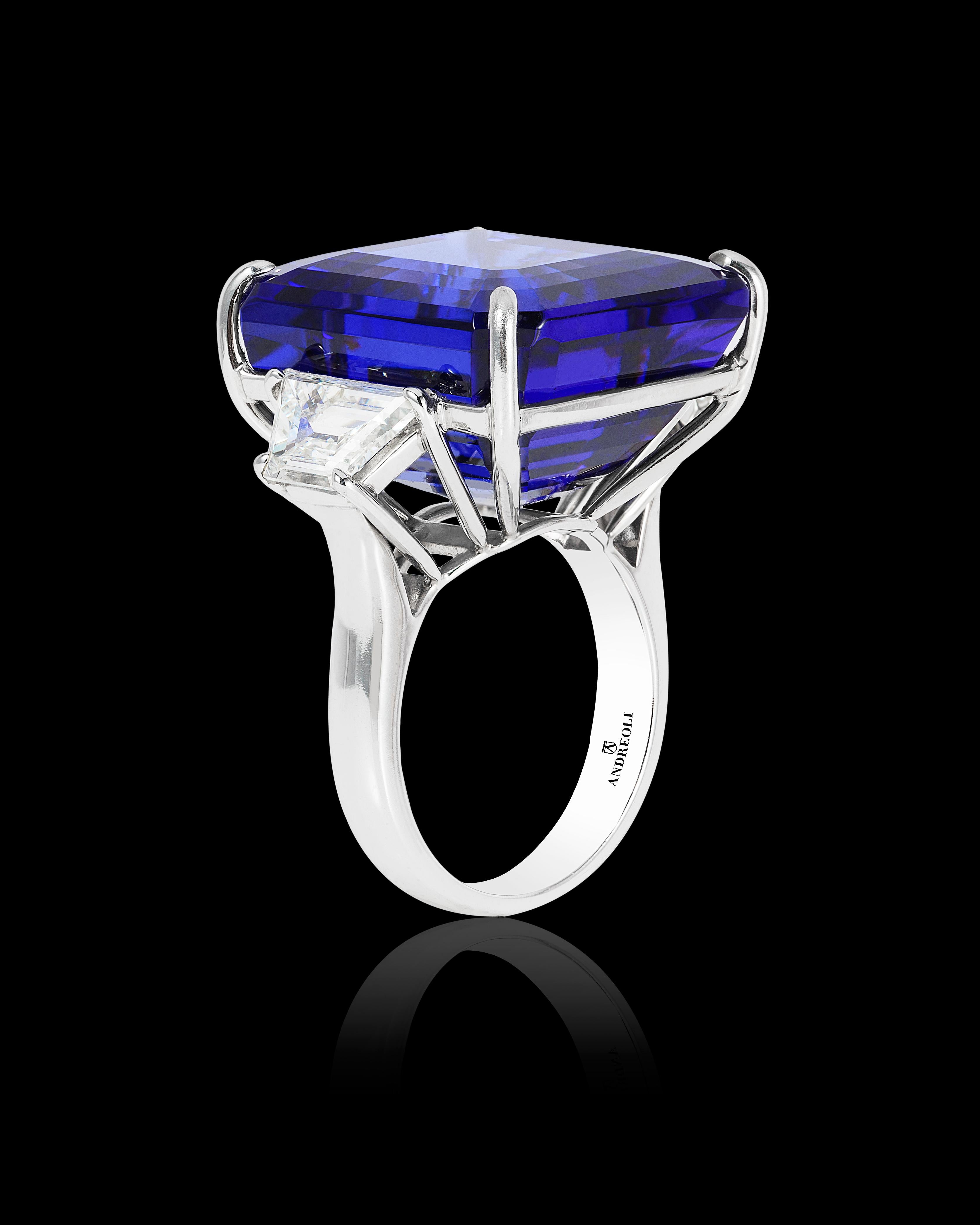 Contemporary Andreoli CDC Certified 42.70 Carat Vivid Blue Tanzanite Diamond Platinum Ring
