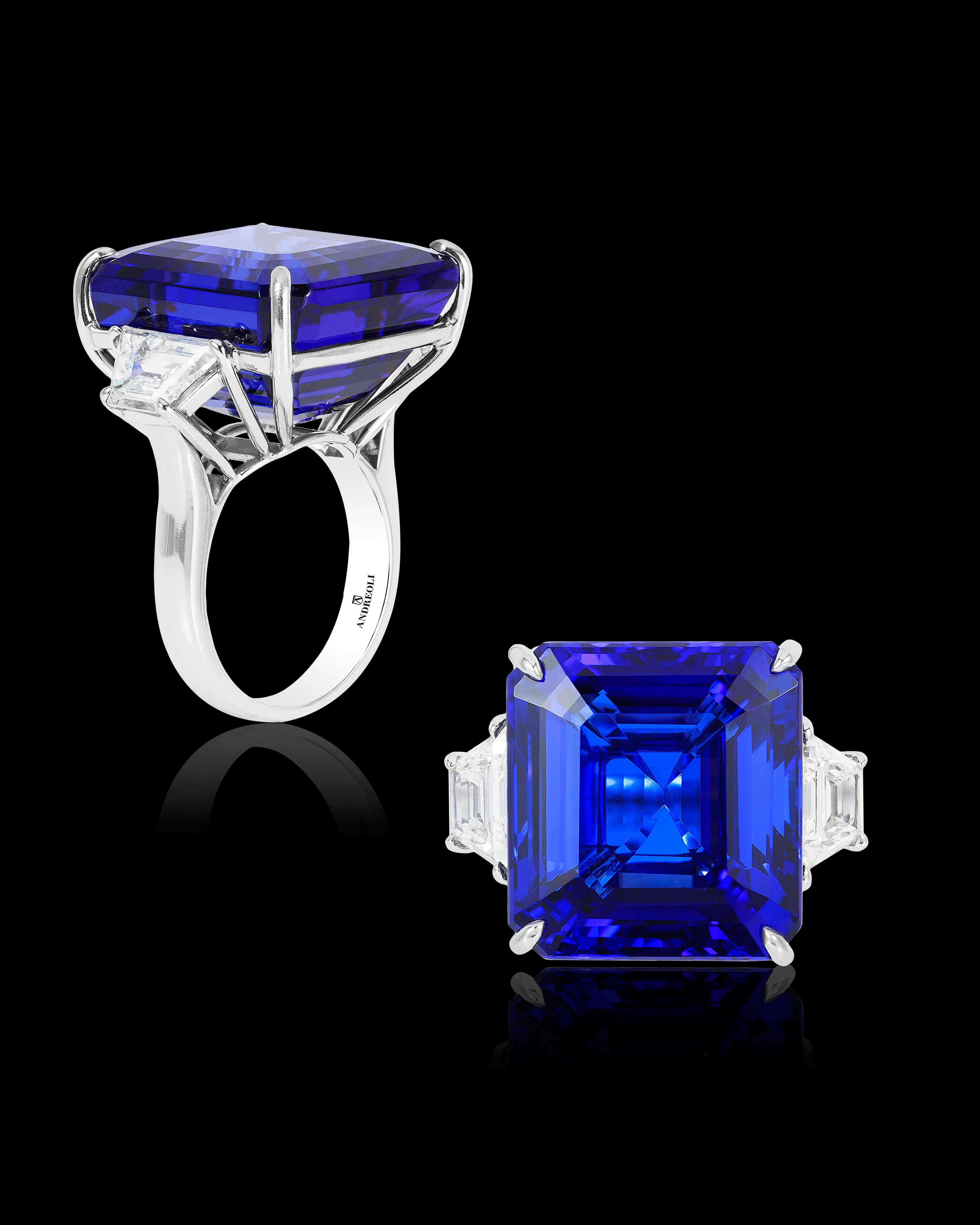 Emerald Cut Andreoli CDC Certified 42.70 Carat Vivid Blue Tanzanite Diamond Platinum Ring