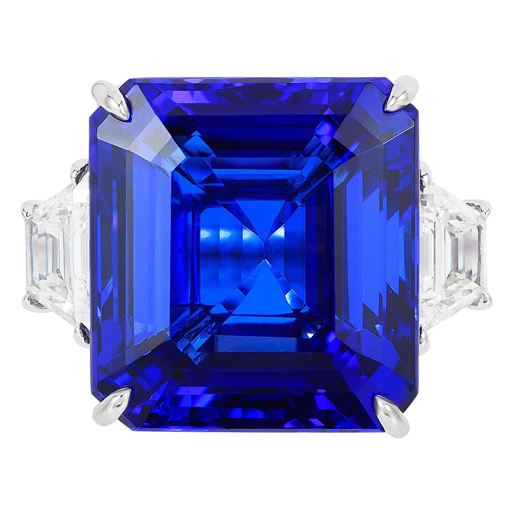 Andreoli CDC Certified 42.70 Carat Vivid Blue Tanzanite Diamond Platinum Ring