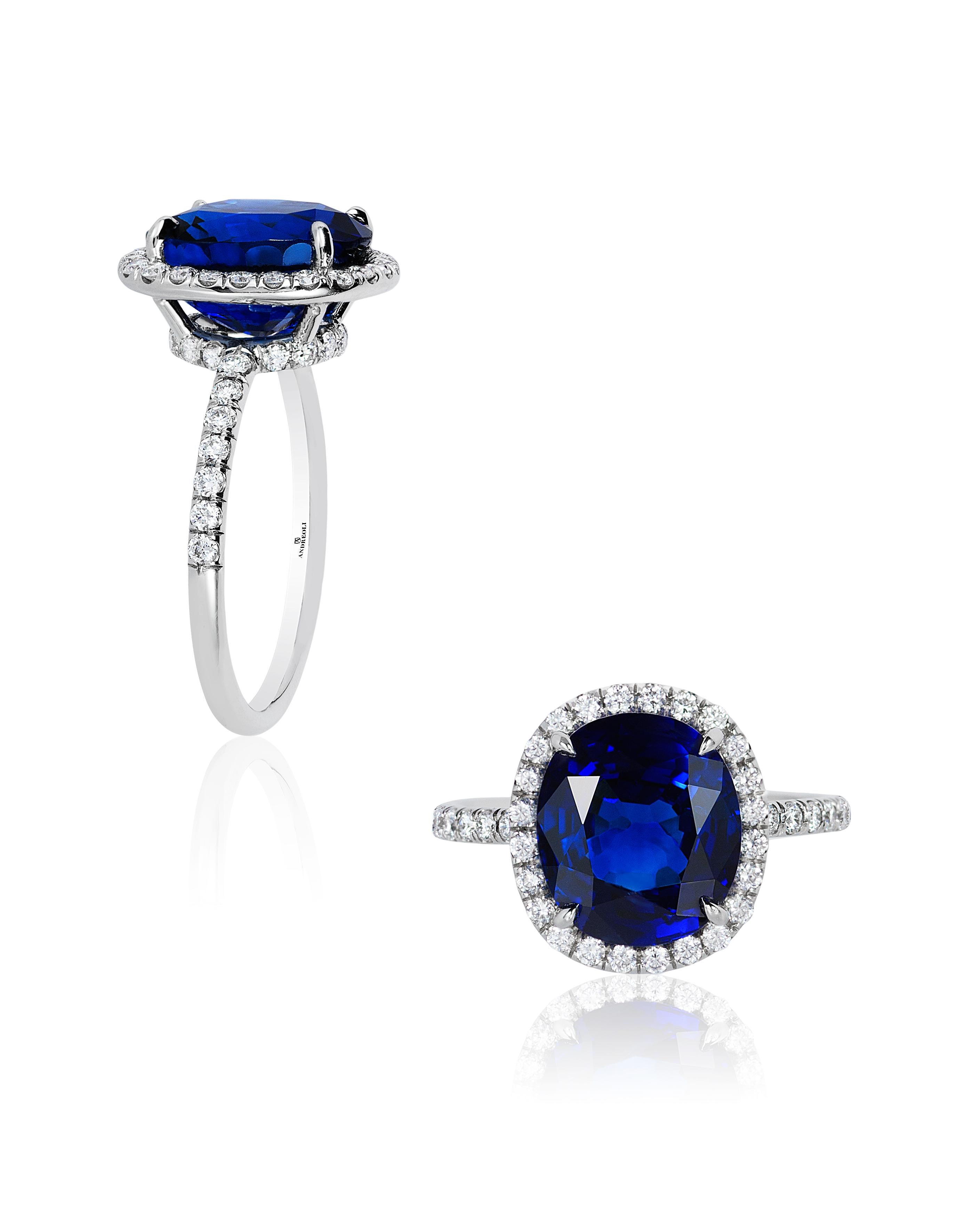 Contemporary Andreoli CDC Certified 6.31 Carat Ceylon Blue Sapphire Diamond Platinum Ring For Sale